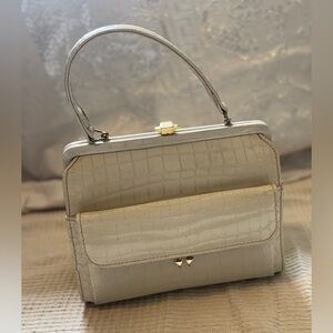 Mylady London Vintage Croc Embossed Cream Leather Top Handle Bag